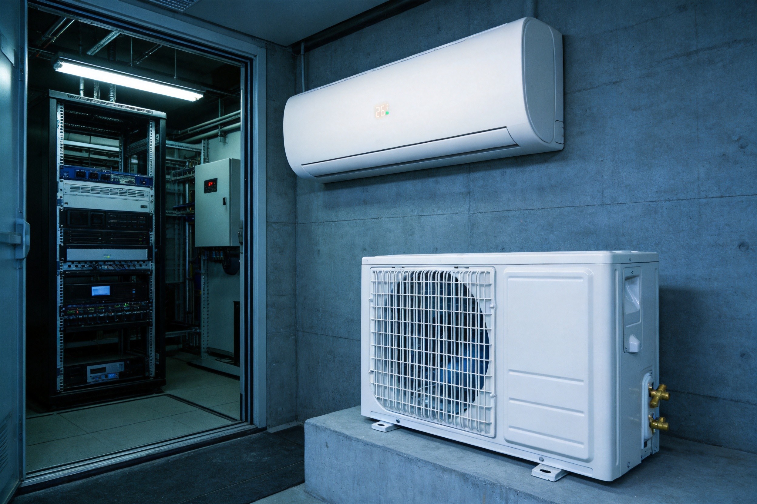 Split DC air conditioner indoor and outdoor units at telecom site