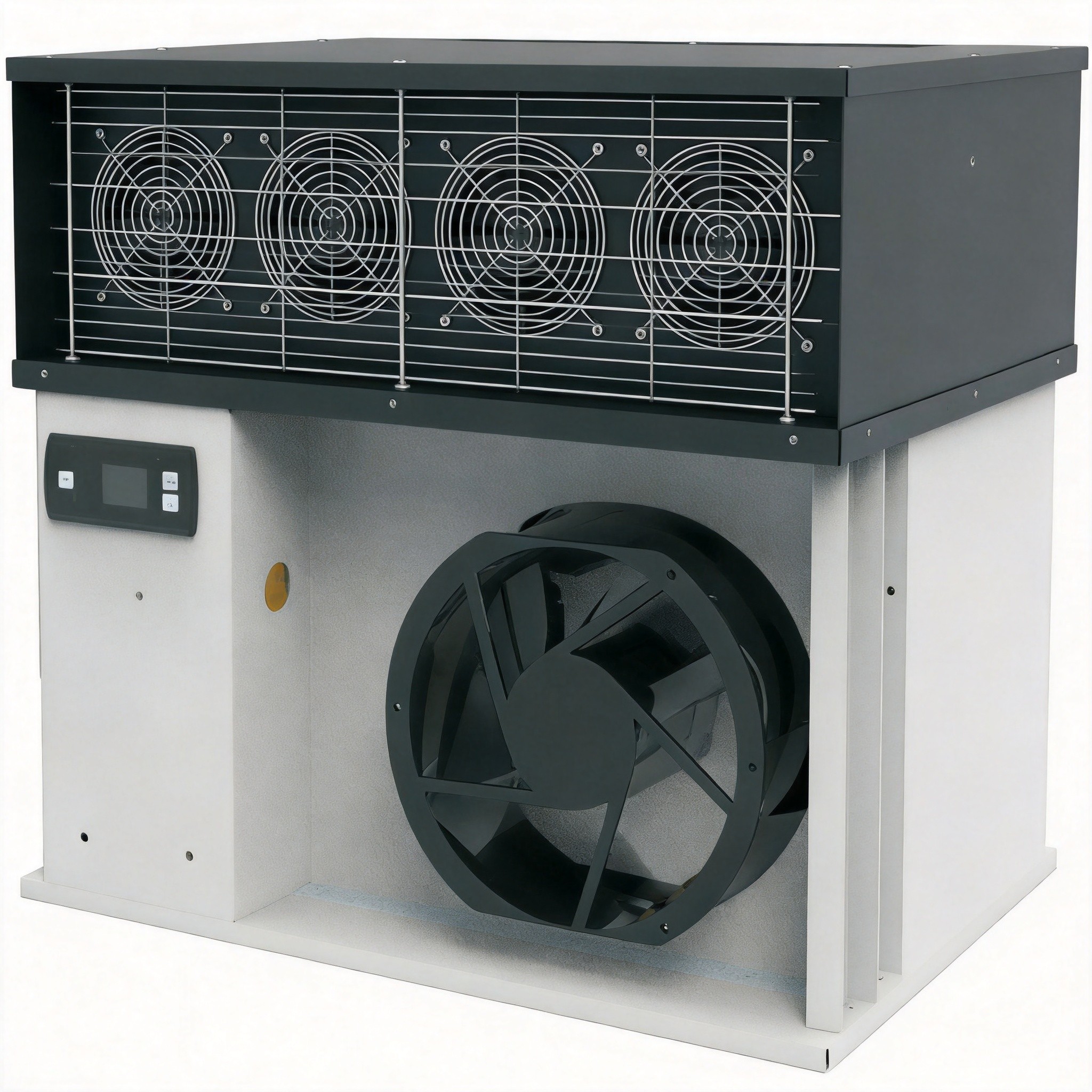 Billboard air conditioner front view with four-fan cooling array