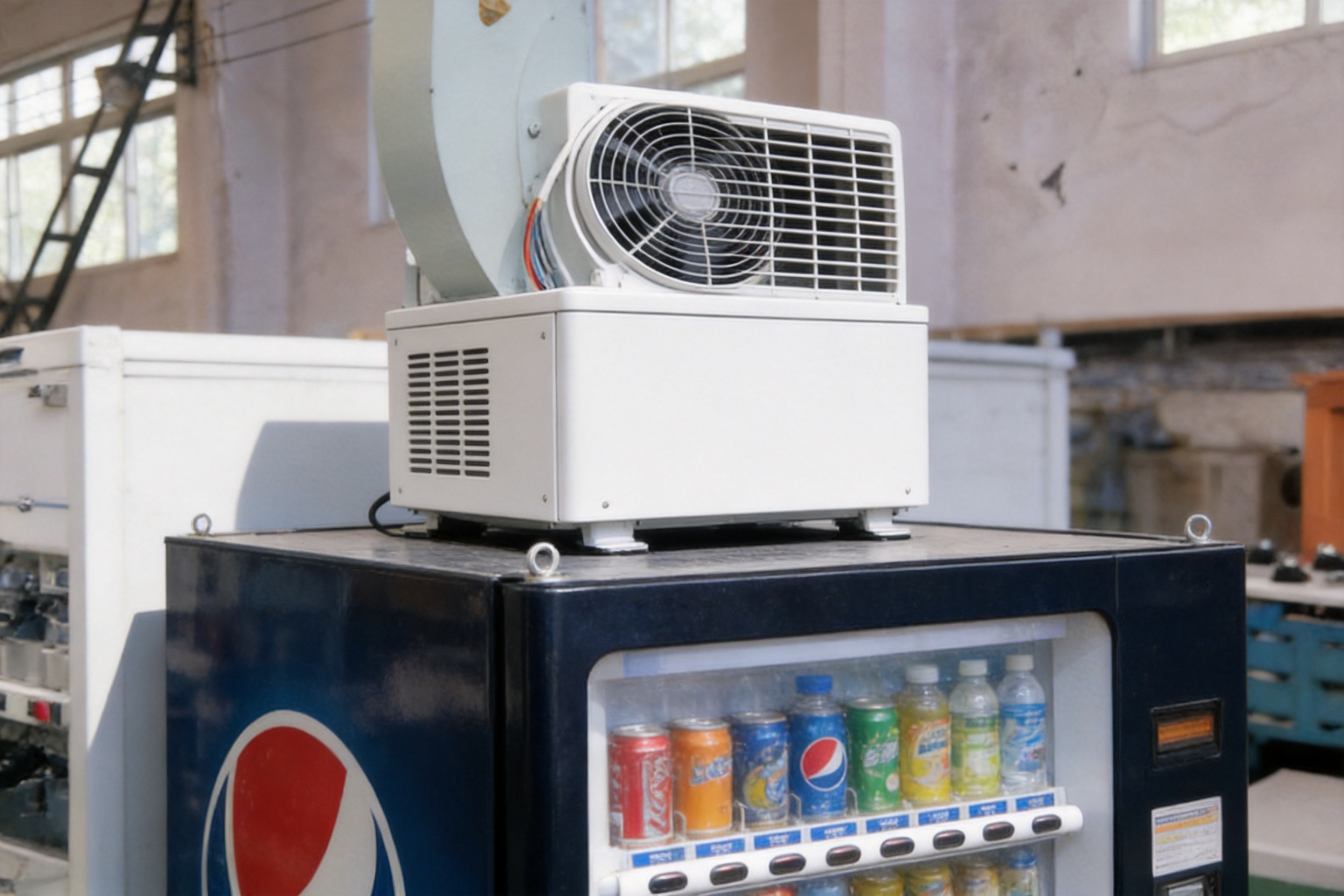 Vending machine air conditioner installed on vending cabinet